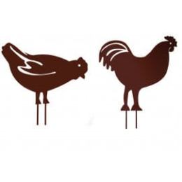 Poule et coq en métal fer vieilli à planter