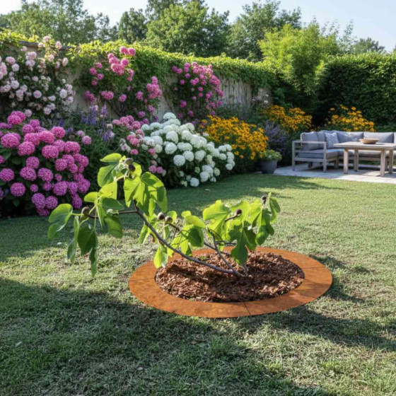 bordure en acier corten rond pour habiller pied arbre