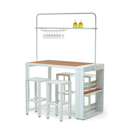 table bar exterieur avec 4 tabourets en aluminium