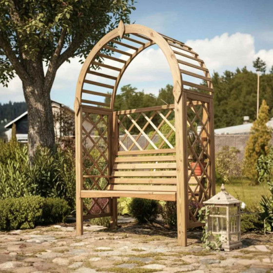banc de jardin en bois avec treillage plantes grimpantes
