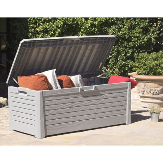 Coffre de rangement exterieur gris en résine 550 litres