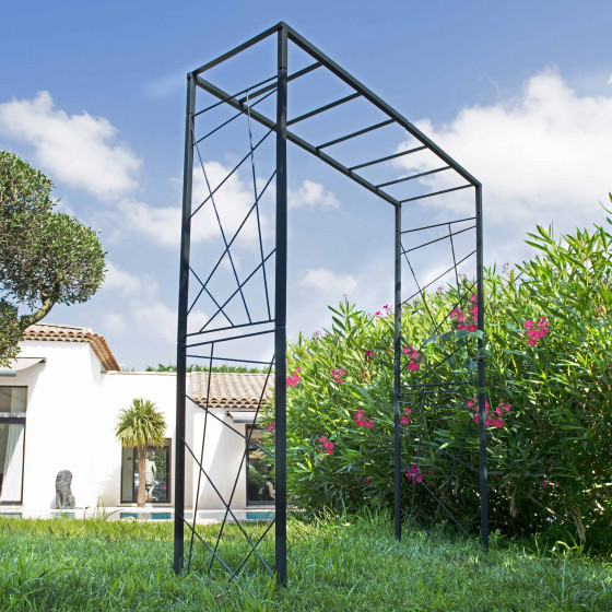 Arche de jardin double carré décor moderne en acier gris anthracite