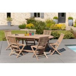 Table en teck extensible ovale et 6 chaises de jardin en teck