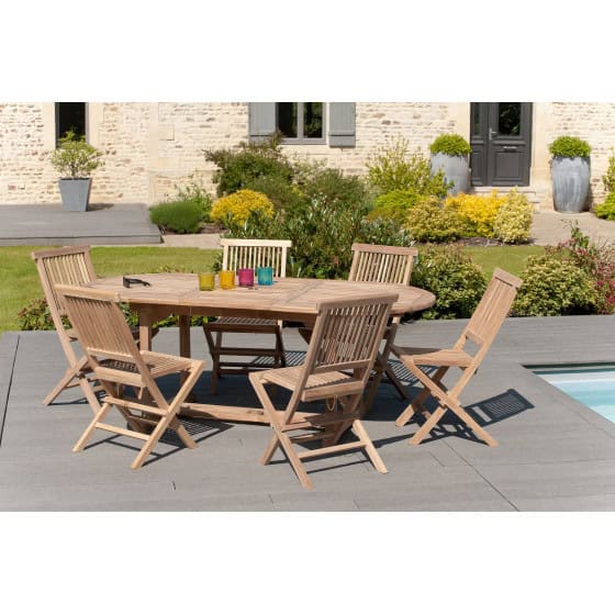 Table en teck extensible ovale et 6 chaises de jardin en teck