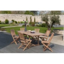 Table en teck extensible rectangulaire et 6 chaises de jardin en teck