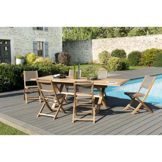 Table en teck extensible rectangulaire et 6 chaises en textilène taupe